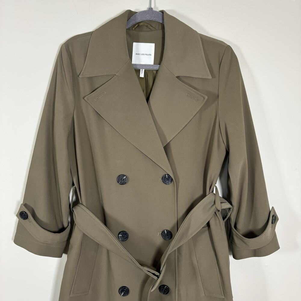 Avec Les Filles Stretch Crepe Double Breasted Belted Trench Coat Olive Green M - Picture 3 of 15